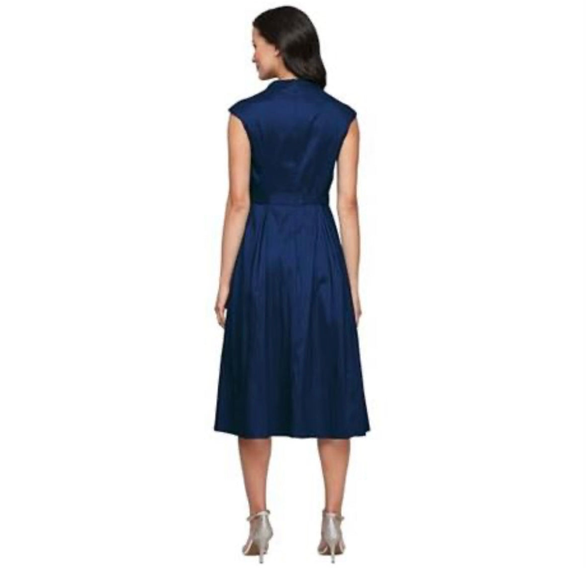 Stretch Taffeta Dress with Full Skirt, Pockets, and Tie Belt, Navy