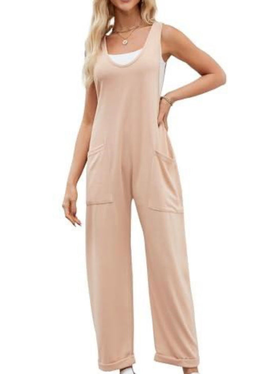 Loose Fit Overalls, Sleeveless Wide Leg, Khaki ￼