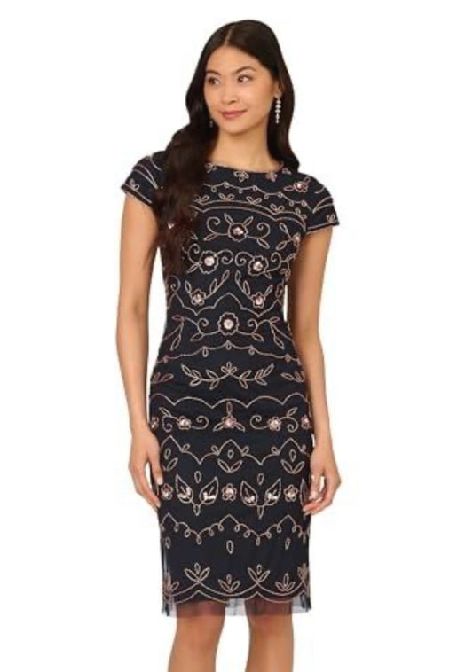 Beaded Sheath Dress, Navy/Rosegold, 4
