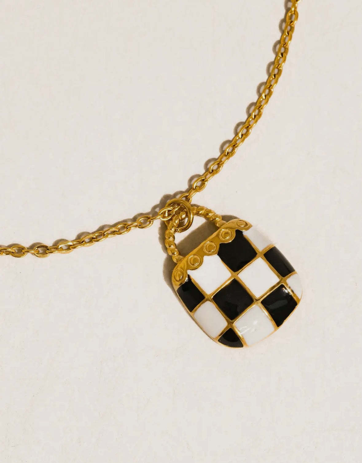18K Gold Non-Tarnish Checkered Pendant Necklace
