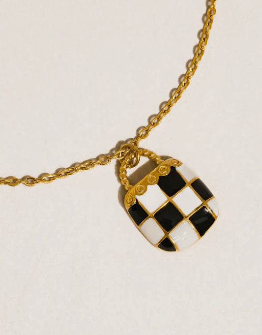 18K Gold Non-Tarnish Checkered Pendant Necklace
