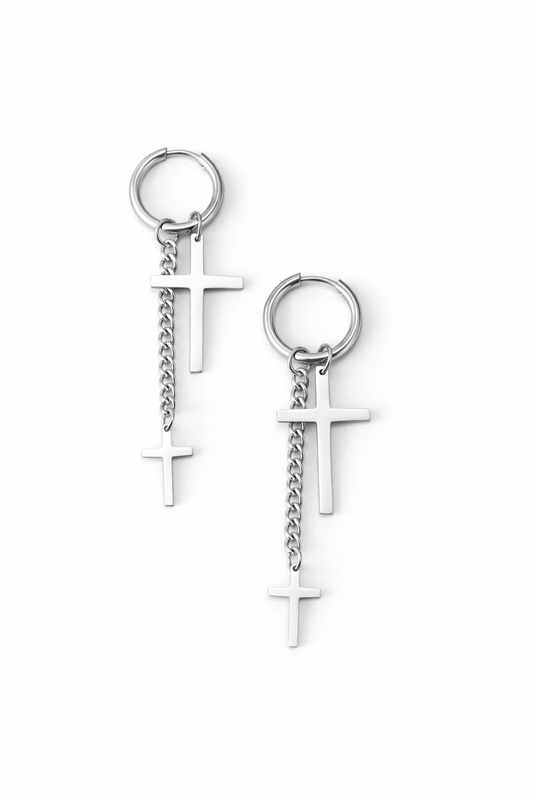 Stainless Steel Double Cross Drop Earrings