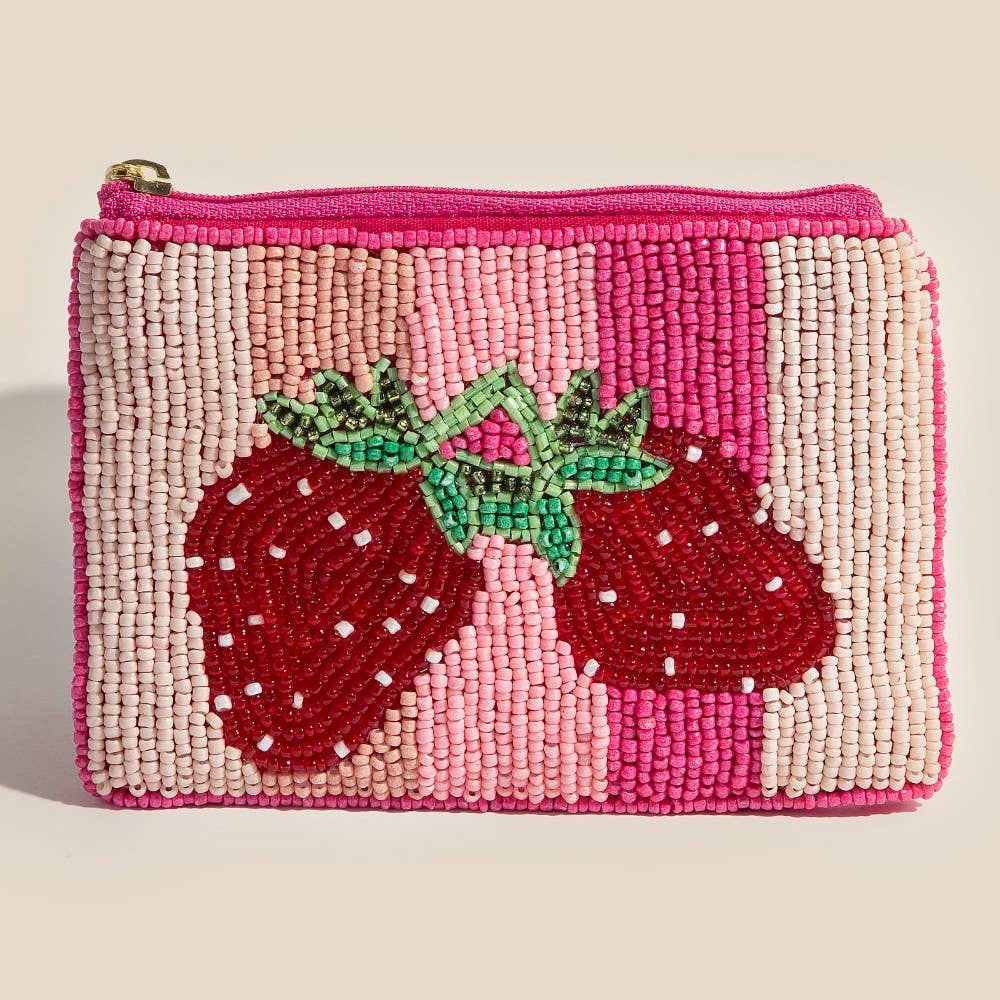 Double Strawberry Striped Seed Beaded Coin Purse