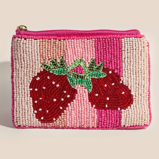 Double Strawberry Striped Seed Beaded Coin Purse