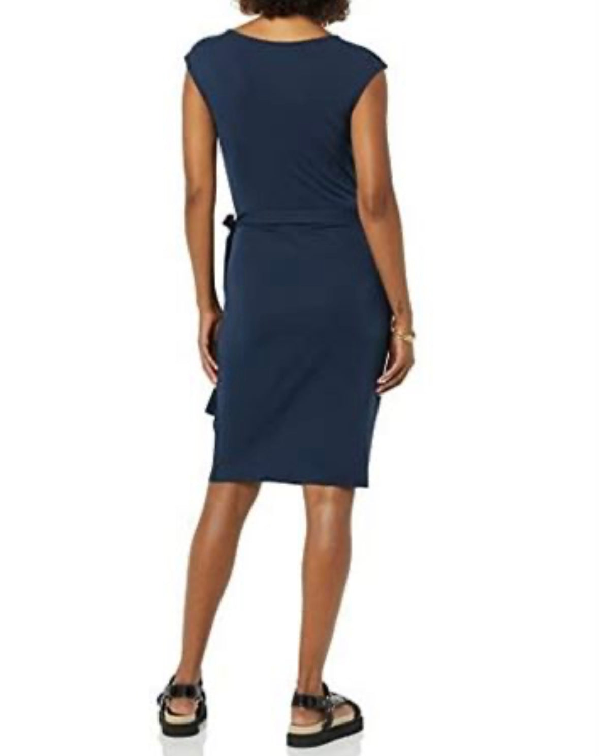 Women's Cap Sleeve Boat-Neck Faux Wrap Dress, Navy