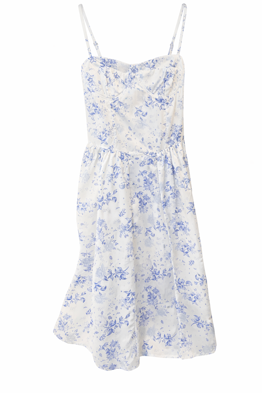 Blue & White Floral Corset Dress ￼