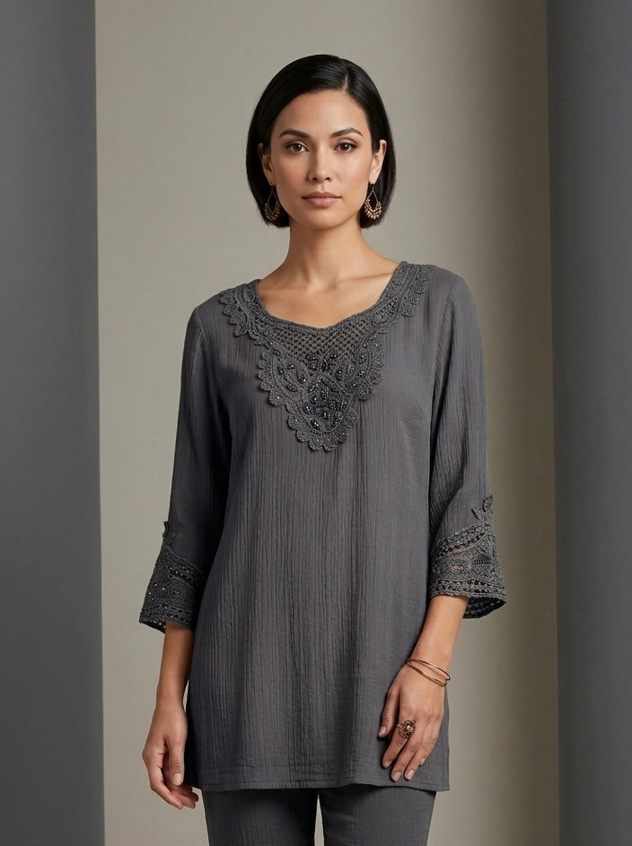 Mad Style D. Gray Semi-Sheer Crinkle Bead Lace Tunic