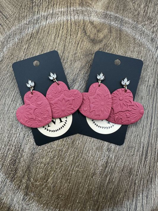 Large Pink Stamped Heart Polymer Clay Earrings