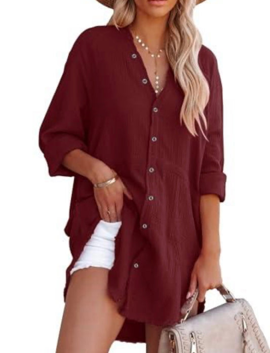 Tunic with Pockets Cotton Gauze Button Up