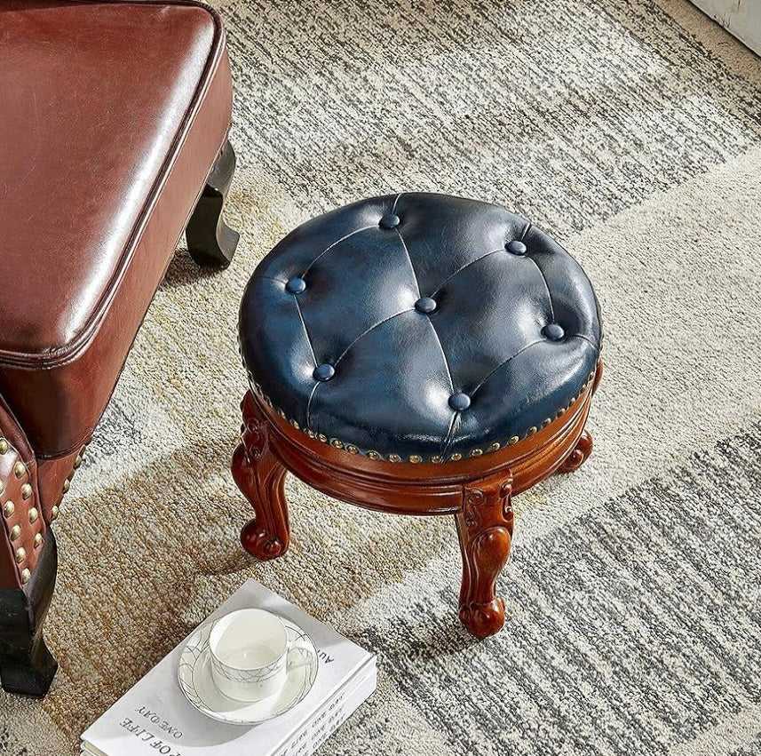 Wooden Round Footstool, Navy Blue