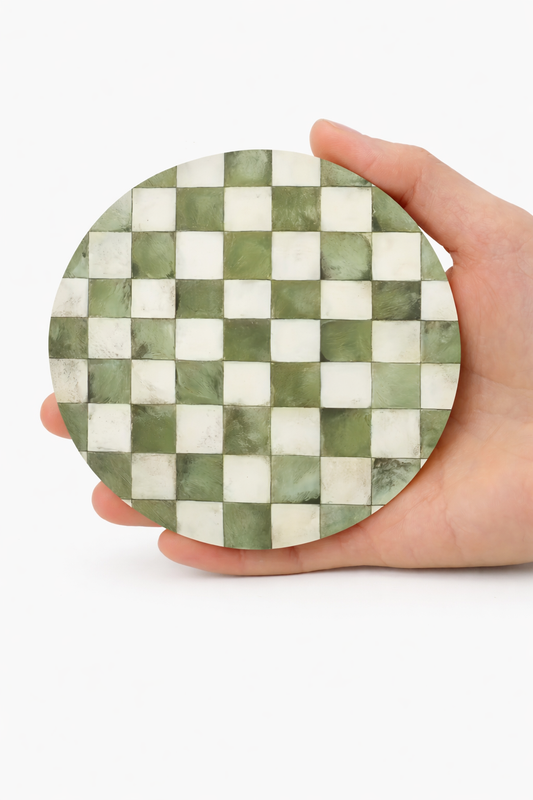 4pc Round Checkered Green Coaster Set