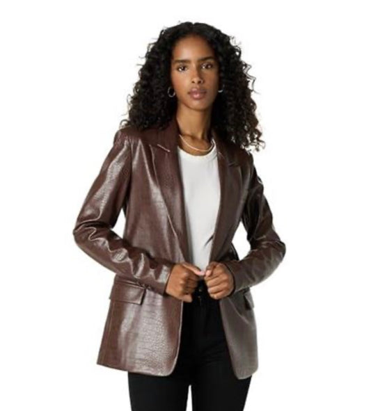 Faux-Leather Long Blazer, Chocolate Crocodile