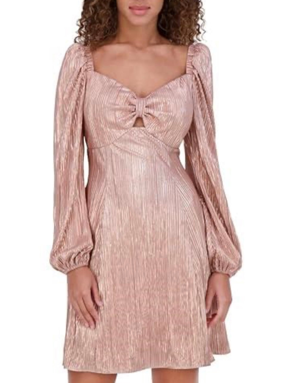 Foiled Pleated Long Sleeve Mini Dress, Rose Gold
