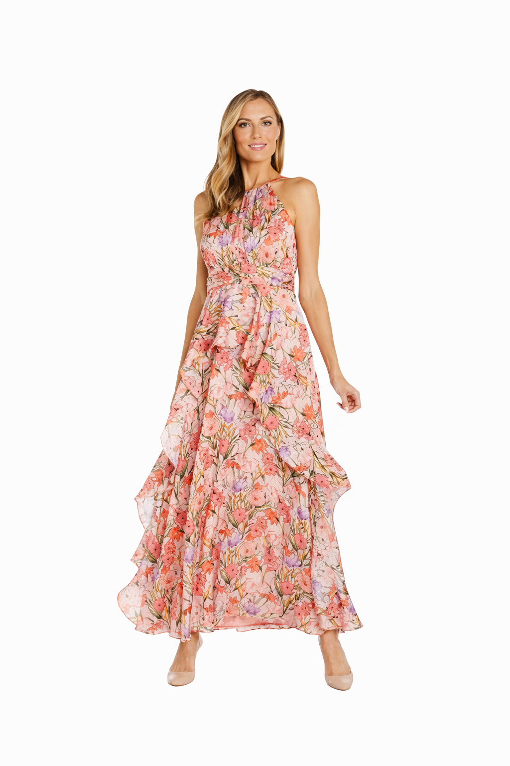 R&M Richards Women's Bright Floral Satin Peplum Halter Maxi