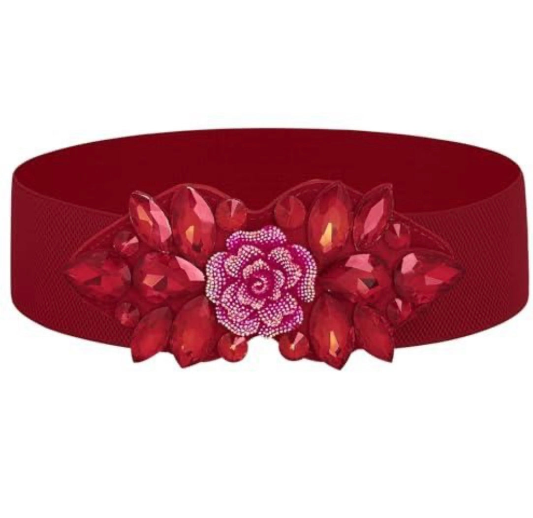 Red Rhinestone Stretch Belt Wide Formal Belt