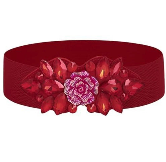 Red Rhinestone Stretch Belt Wide Formal Belt