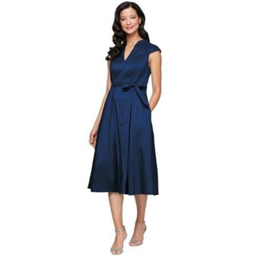 Stretch Taffeta Dress with Full Skirt, Pockets, and Tie Belt, Navy