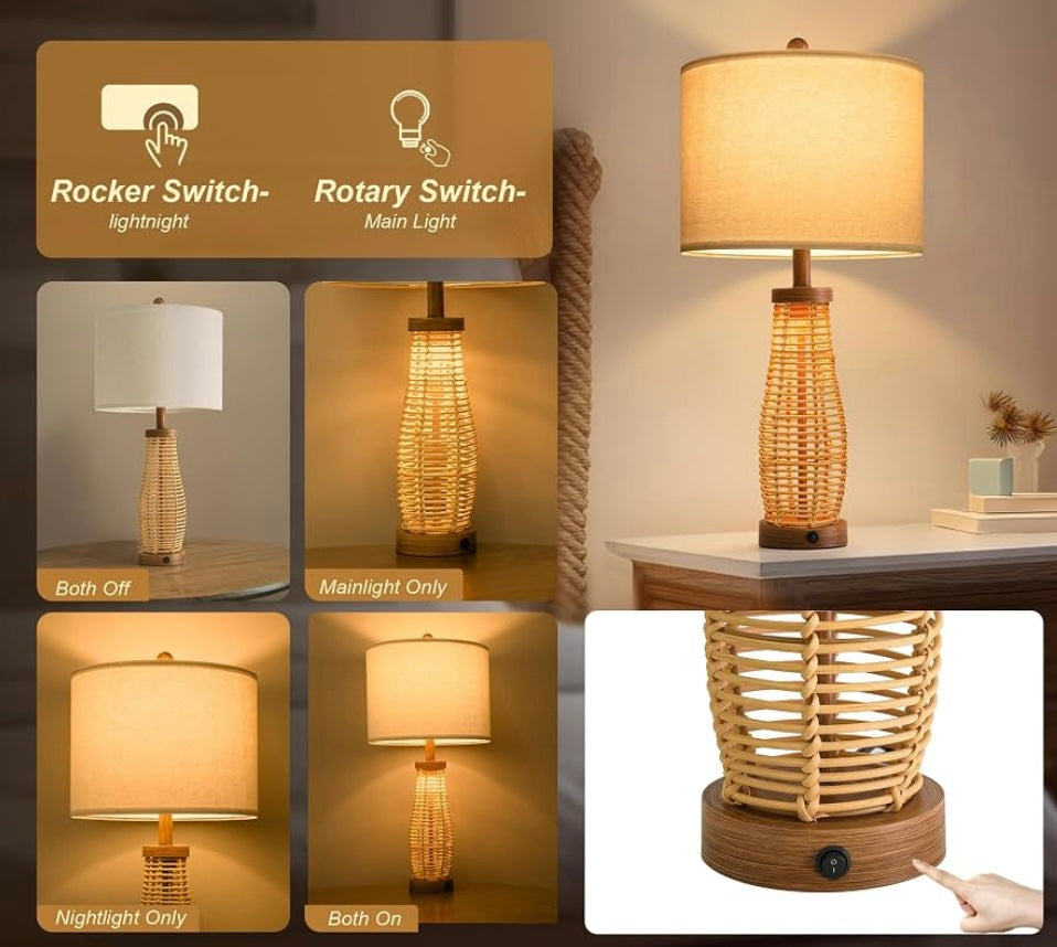 Rattan Table Lamp with Linen Shade