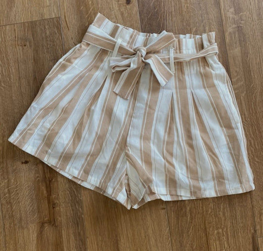 White and Tan Striped Paper-bag Shorts