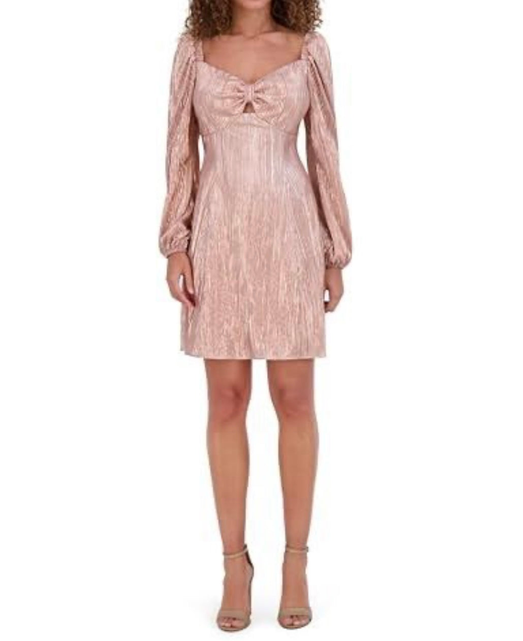 Foiled Pleated Long Sleeve Mini Dress, Rose Gold