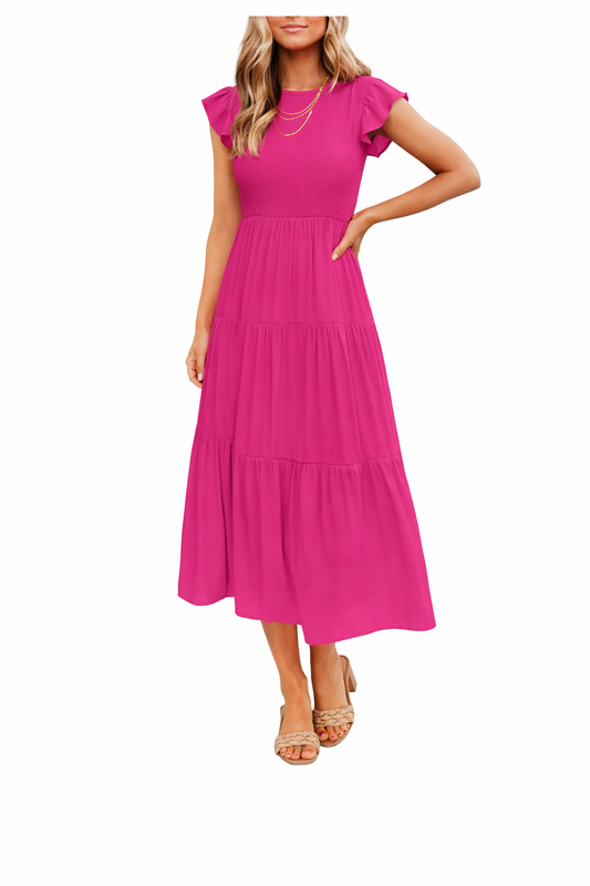 Casual Flutter Short Sleeve Crew Neck Smocked Maxi