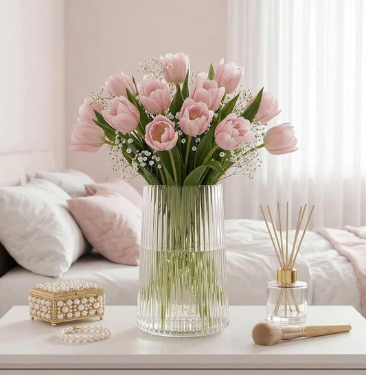 Clear Ribbed Glass Vase for Flowers