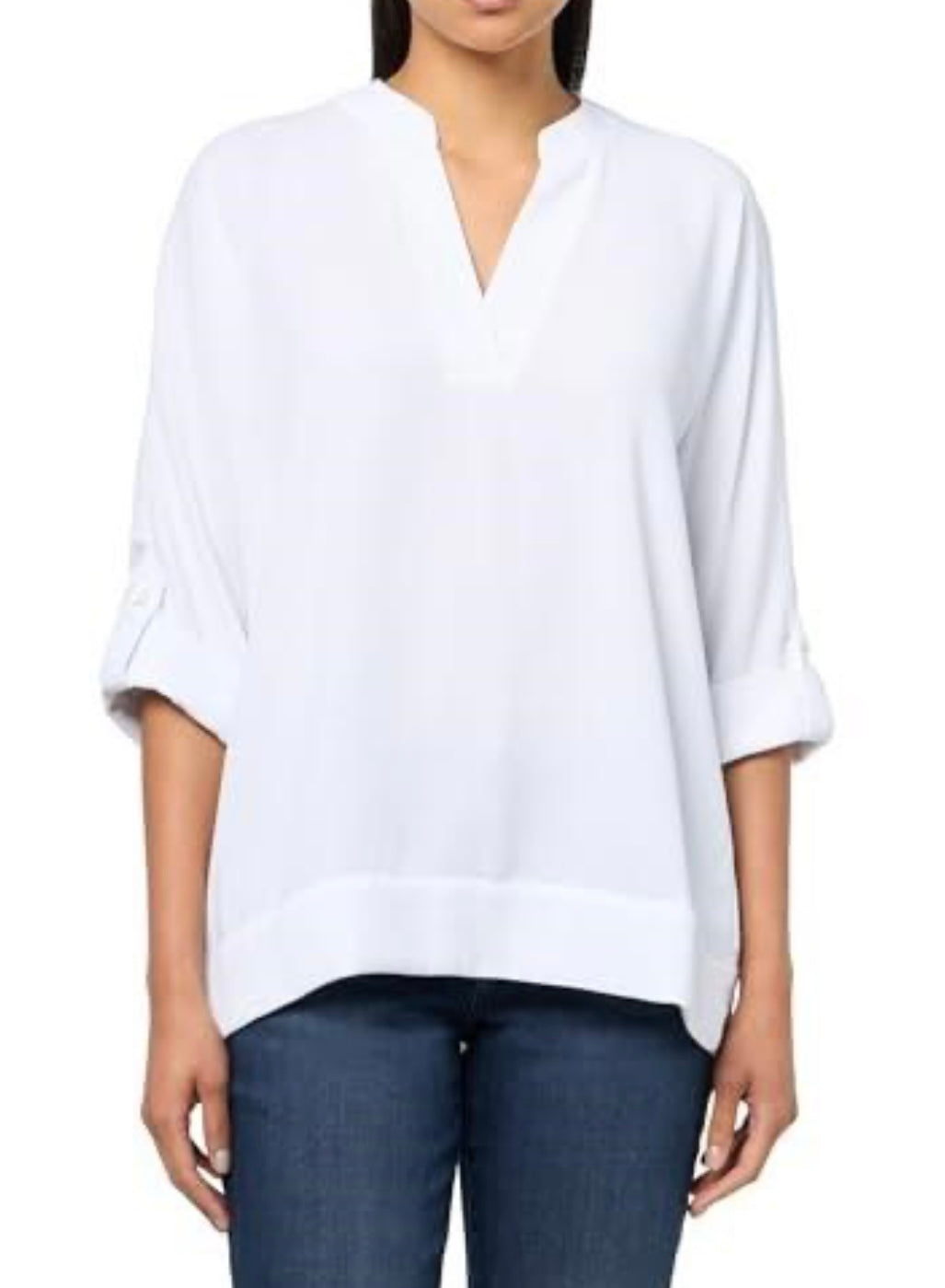 Roll Tab Cuffed Dolman Sleeves Y-Neck Band Collar Top