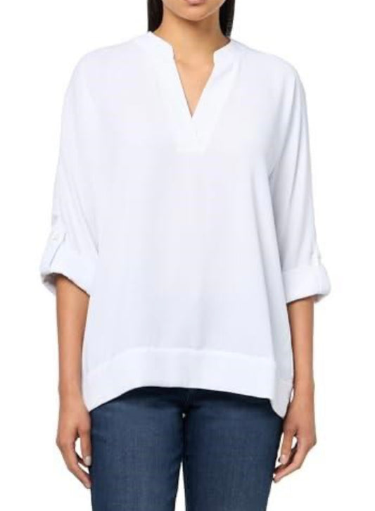 Roll Tab Cuffed Dolman Sleeves Y-Neck Band Collar Top