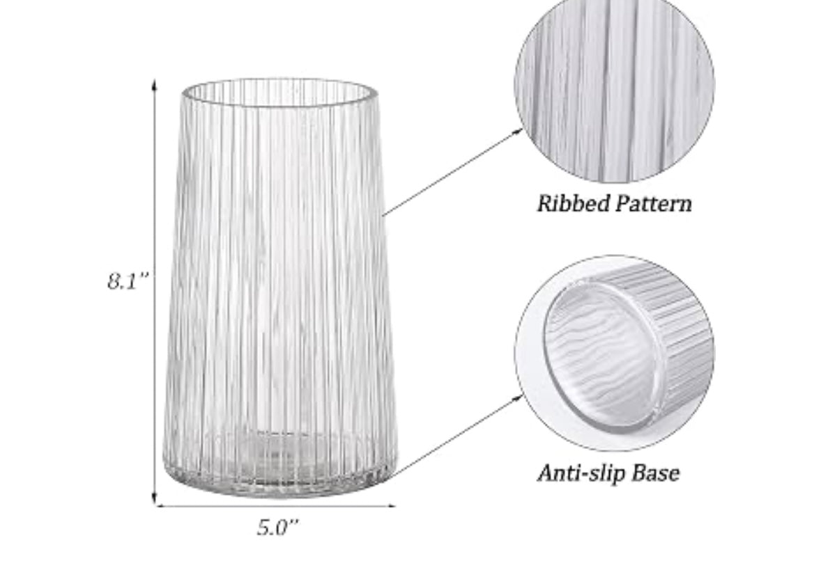 Clear Ribbed Glass Vase for Flowers
