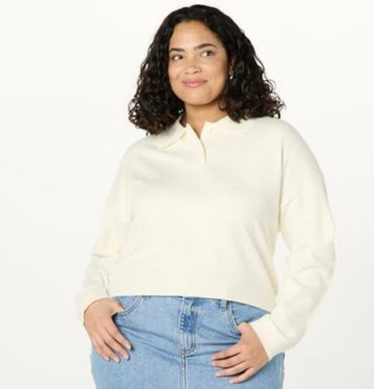 Joan Splitneck Polo Long Sleeve Sweater, Ivory