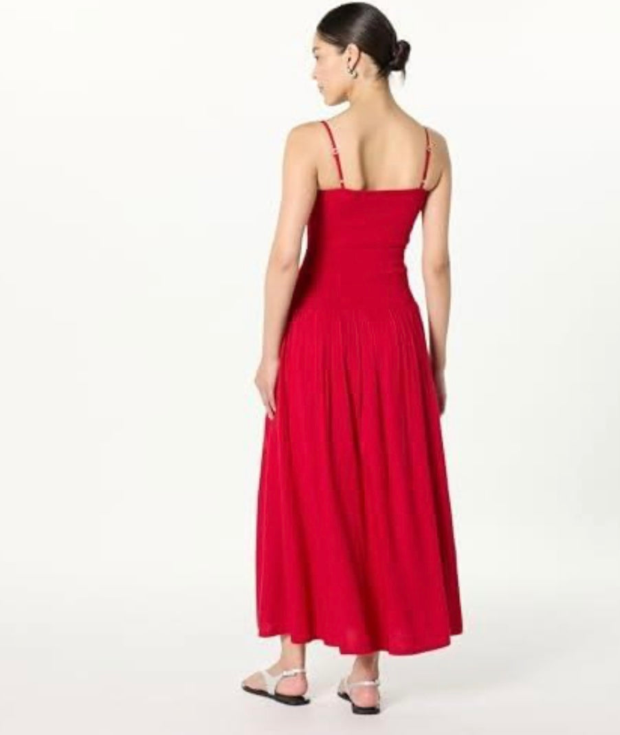 Florencia Smocked Bodice Linen Maxi Dress, Crimson