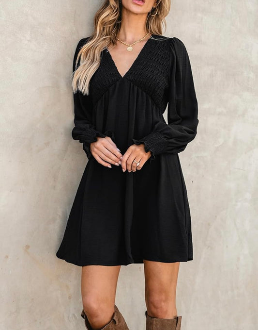 Smocked V Neck Mini Dress