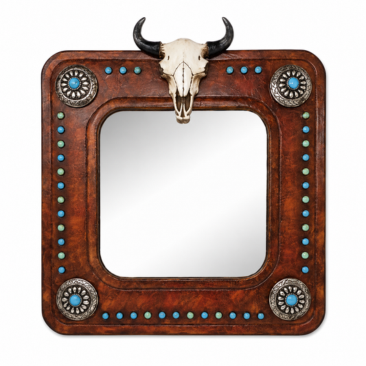 Faux Leather Wall Mirror with Decorative Bull Skull & Faux Turquois