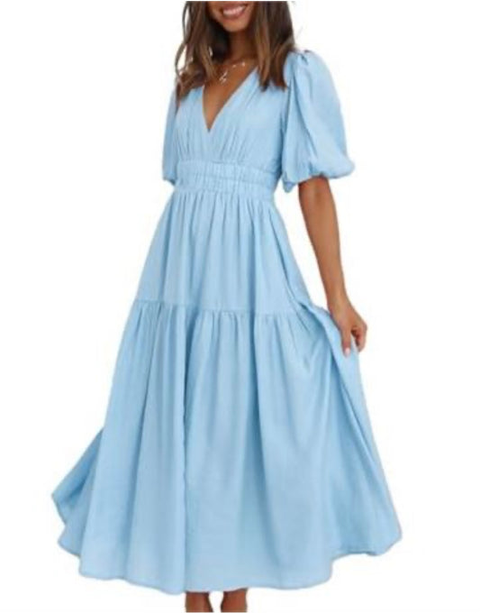 Puff Short Sleeve Tired Maxi Dress