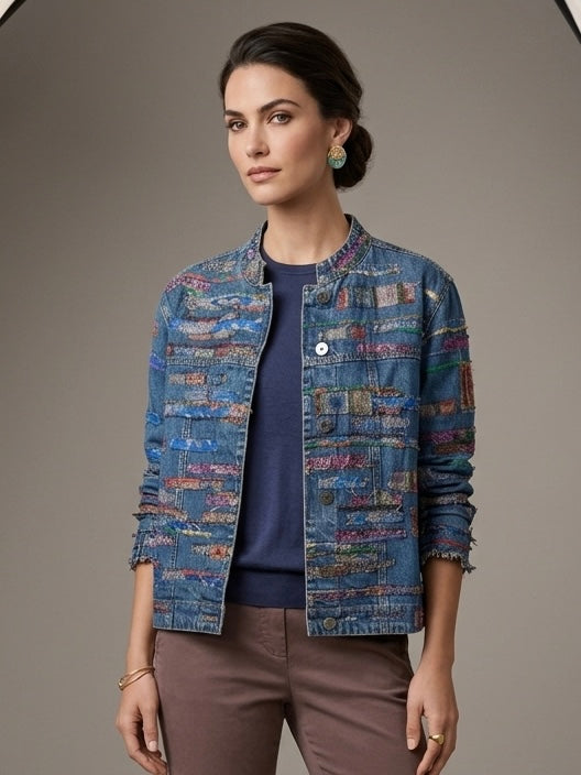 Vintage Chico's Collarless Patchwork Denim Jacket