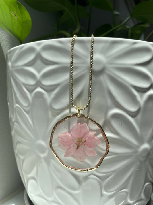Pink Pressed Flower 1 1/2” Pendant on Gold 30” Necklace