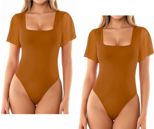 Square Neck, Brown Bodysuit with Ruffle Mesh Sleeve