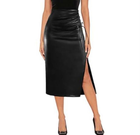 High Waisted Faux Leather Asymmetrical Side Slit