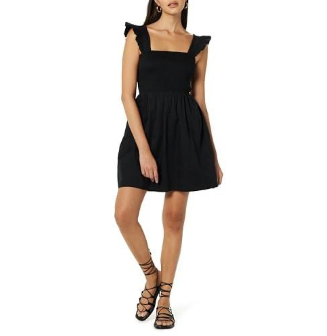 Kari Ruffled-Shoulder Smocked Mini Dress Black