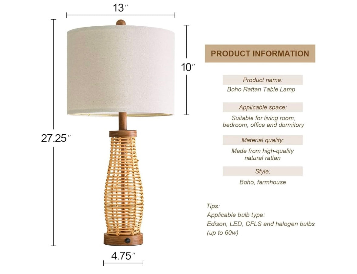 Rattan Table Lamp with Linen Shade
