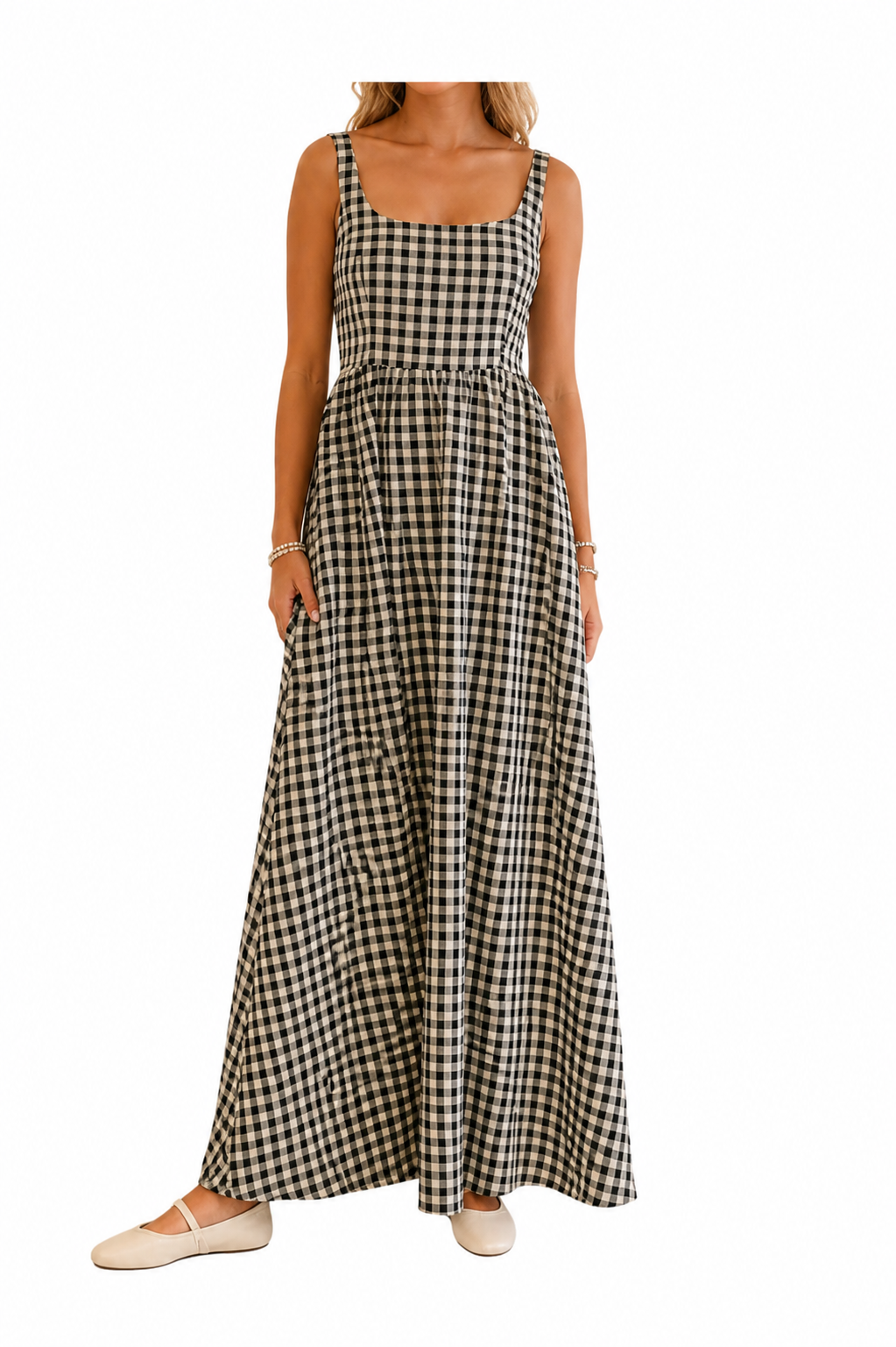 Sleeveless Gingham Print Maxi Dress with Pockets
