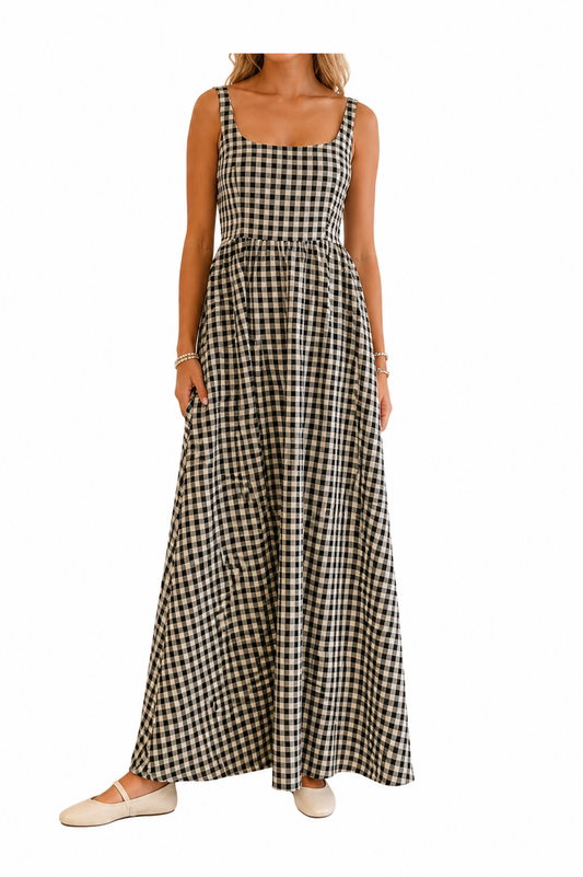 Sleeveless Gingham Print Maxi Dress with Pockets