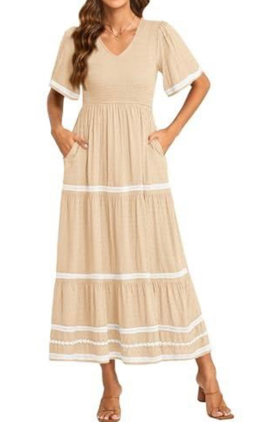 Short Sleeve Swiss Dot V Neck Smocked Dress