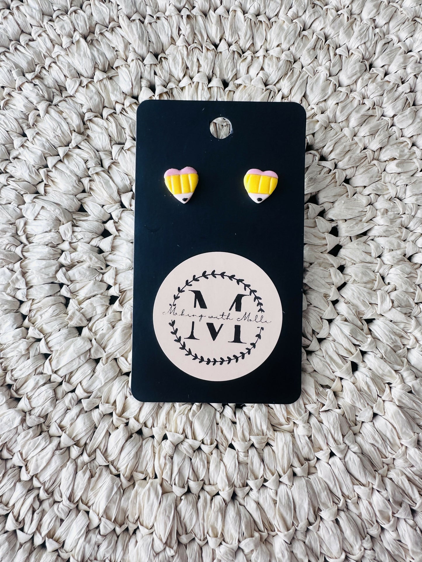 Pencil Heart Stud Polymer Clay Earrings