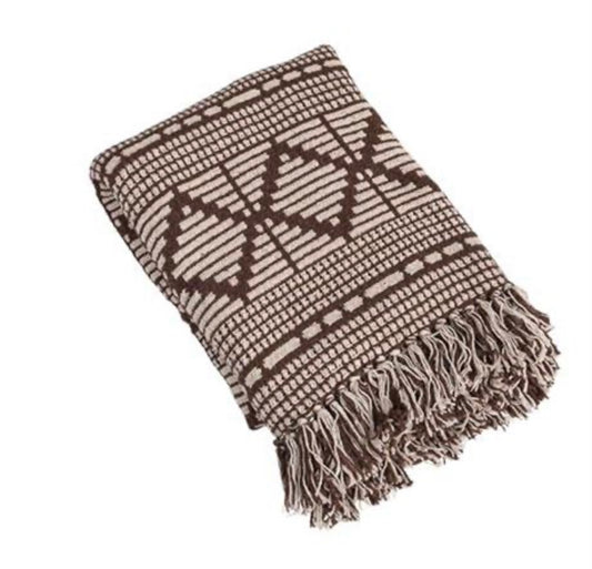 Soft Recycled Cotton Blend Throw with Diamond Pattern, Brown