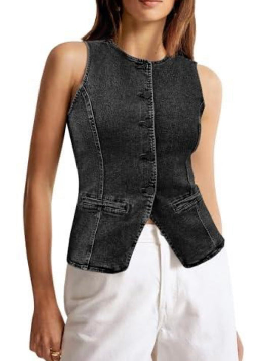 Button Down Denim Vest Top