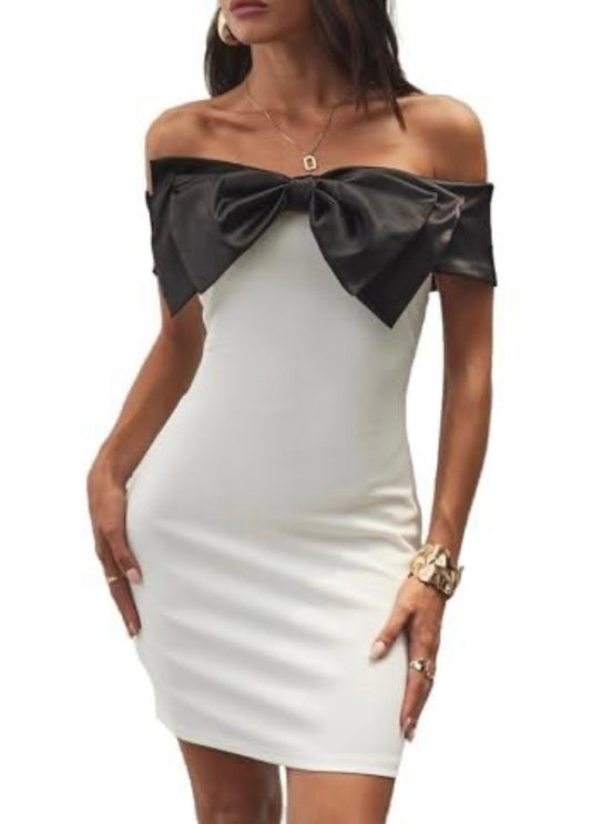 Off Shoulder Short Sleeve Bow Mini Dress