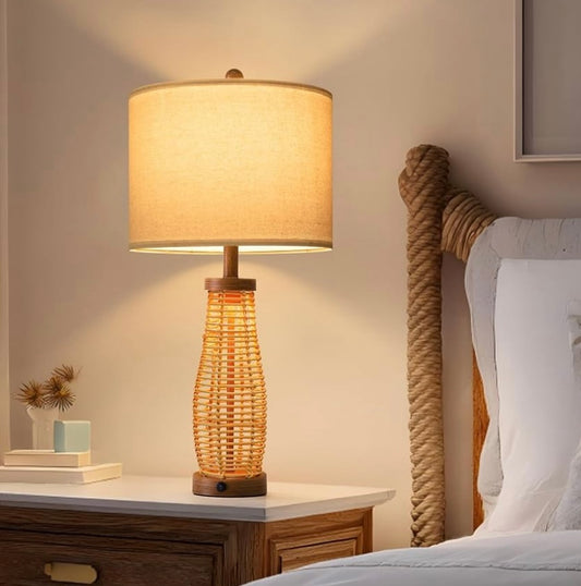 Rattan Table Lamp with Linen Shade