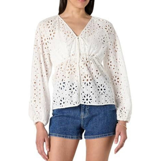 Kerena Tie Front Balloon Sleeve Blouse, White Eyelet