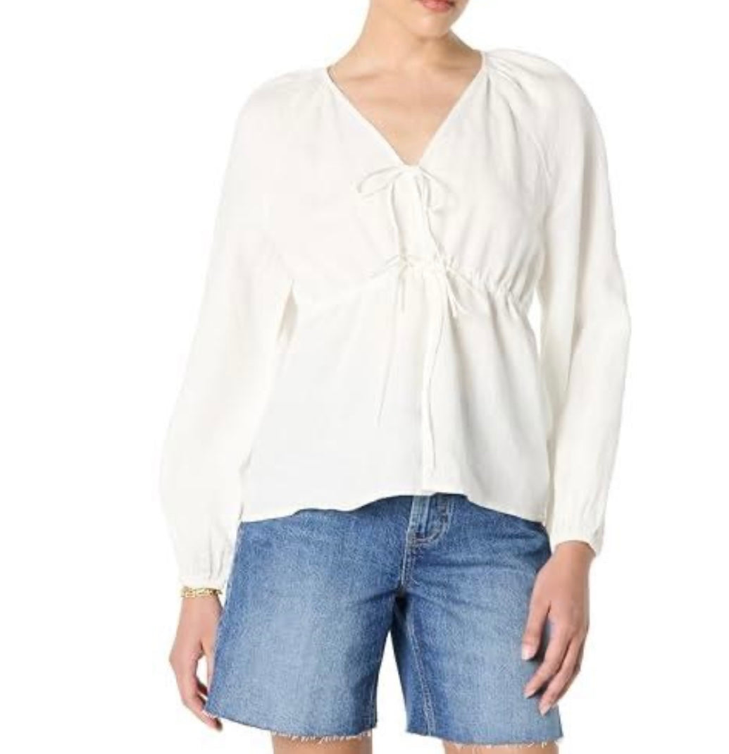 Kerena Tie Front Balloon Sleeve Blouse, White Linen